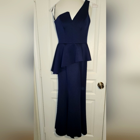 Betsy & Adam One-Shoulder Peplum Gown - Picture 4 of 5